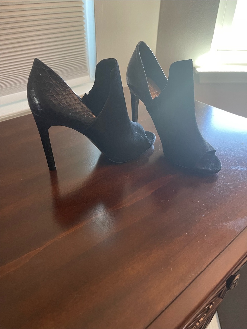 Vince Camuto Black Suede Peep-Toe High Heel Booties
